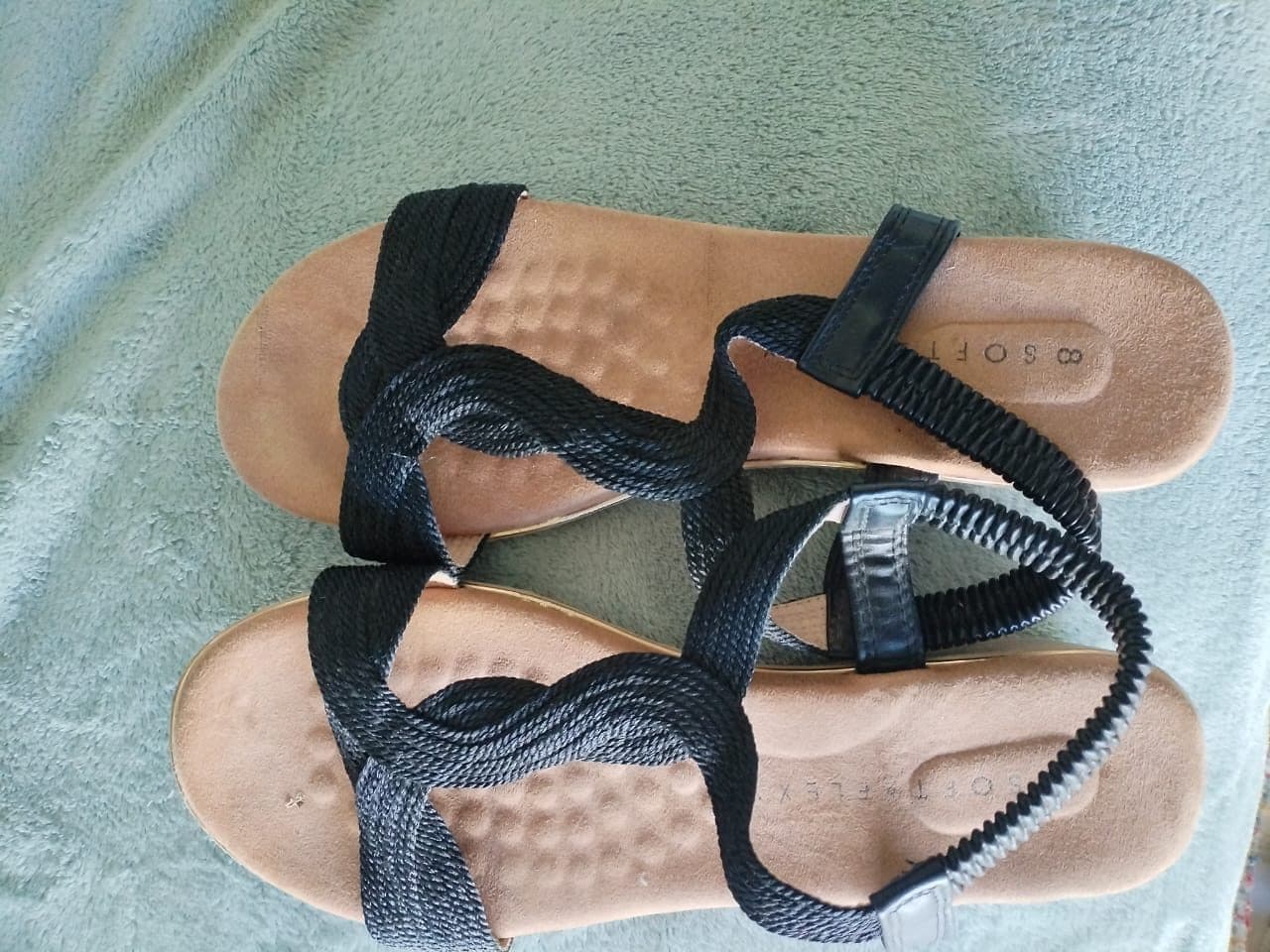 Black twisted rope flat sandals with elastic back strap
