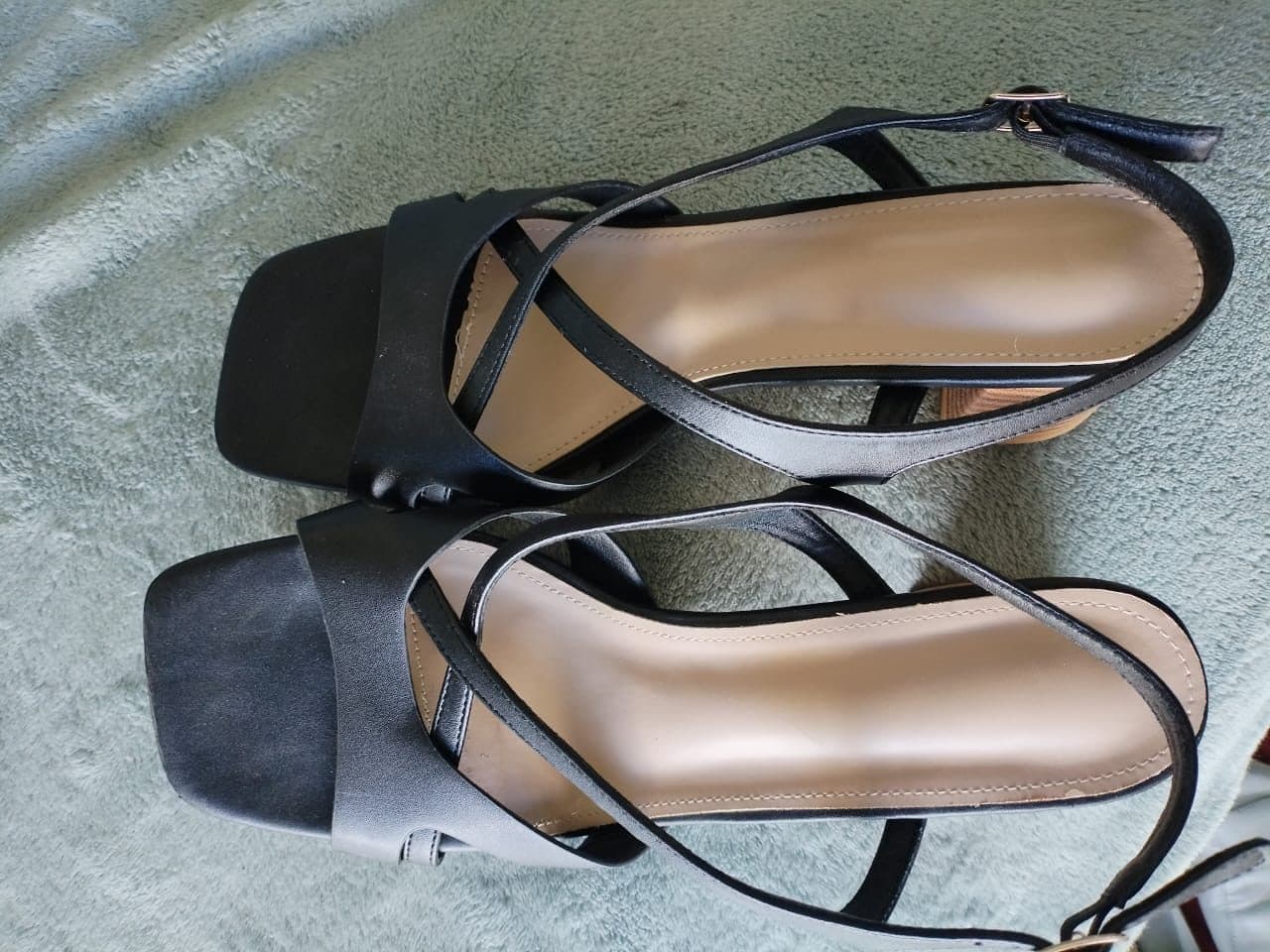 Black square-toe slingback block heel sandals