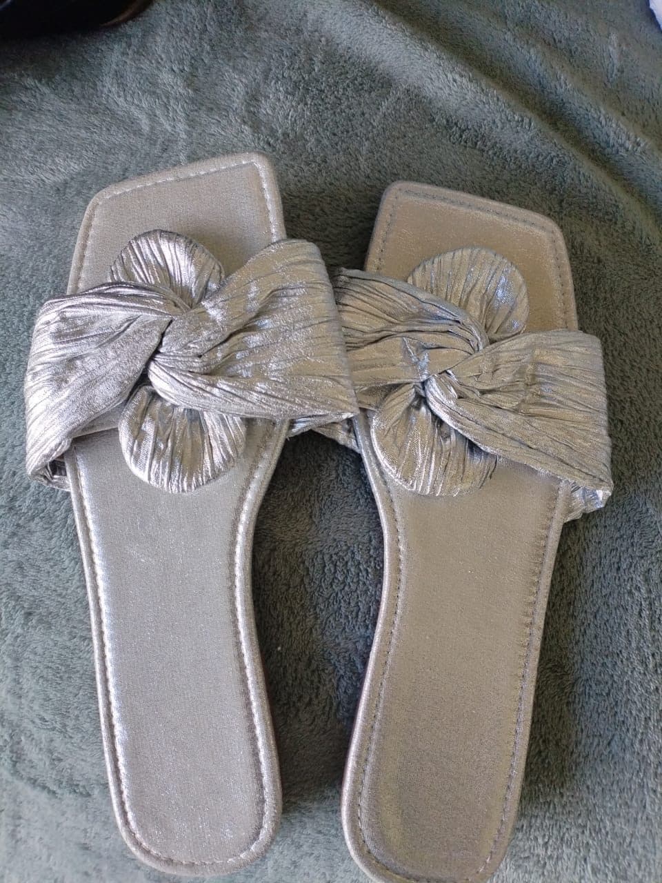 Silver metallic knot flat slide sandals