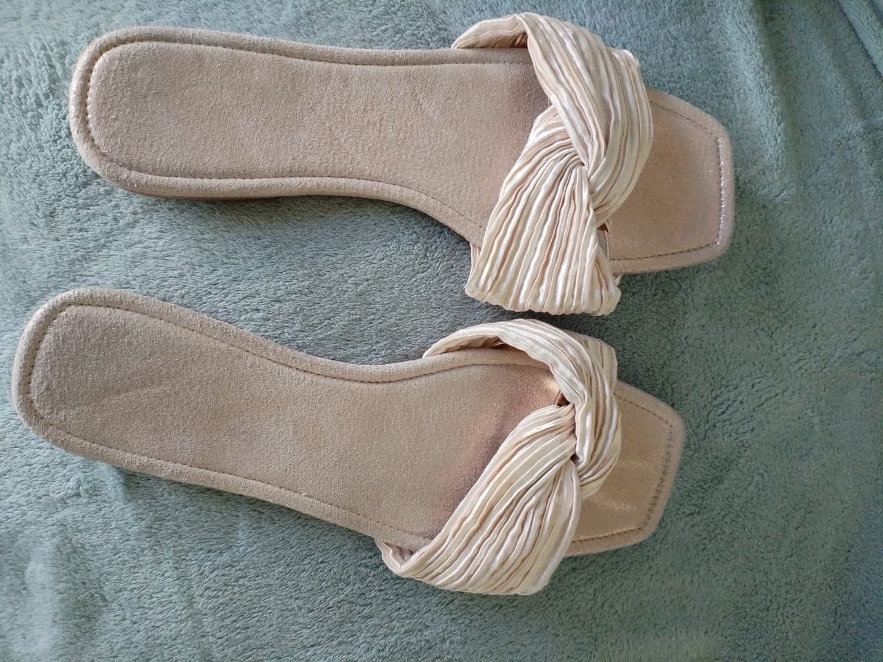Champagne pleated twist flat slide sandals